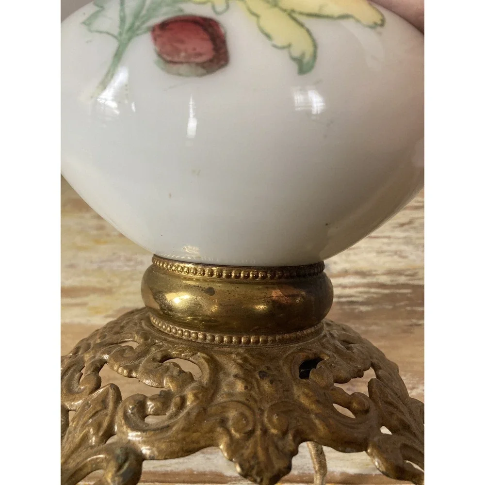 Antique vintage hand painted glass lamp blue with red yellow flowers cast base